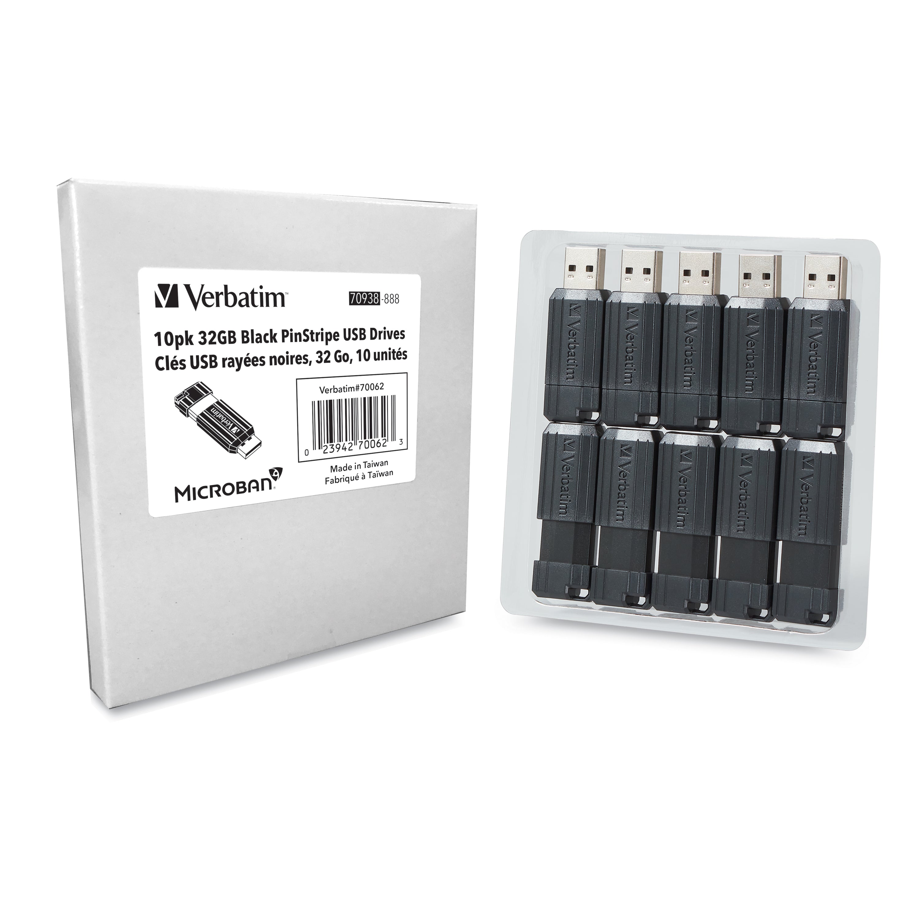 Memoria Flash USB Verbatim PinStripe de 32 GB, Tecnología Antibacteriana caja con 10 pzas.