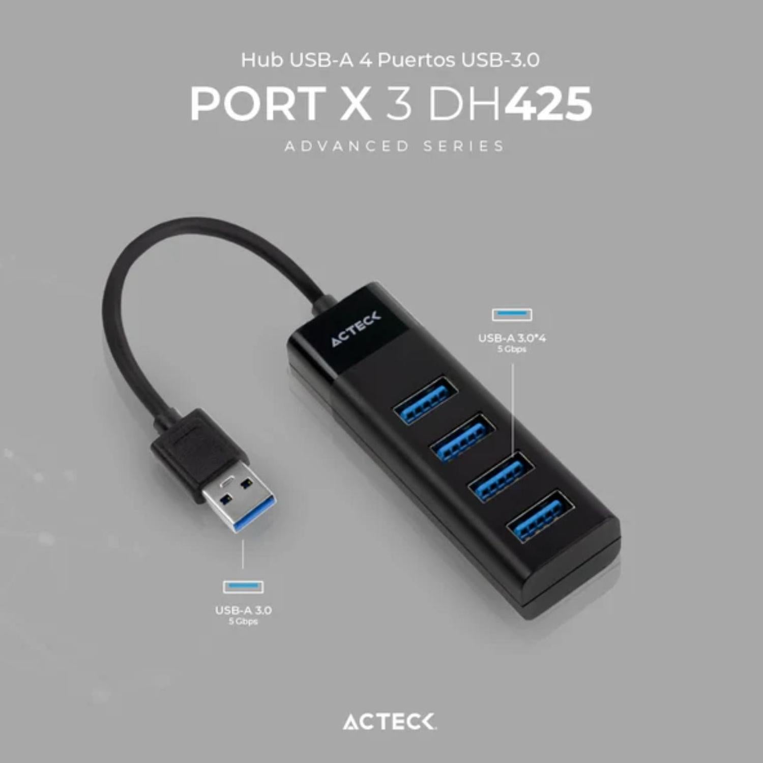 HUB Acteck USB A Port X3 DH425 4 en 1 USB 3.0 Advanced Negro