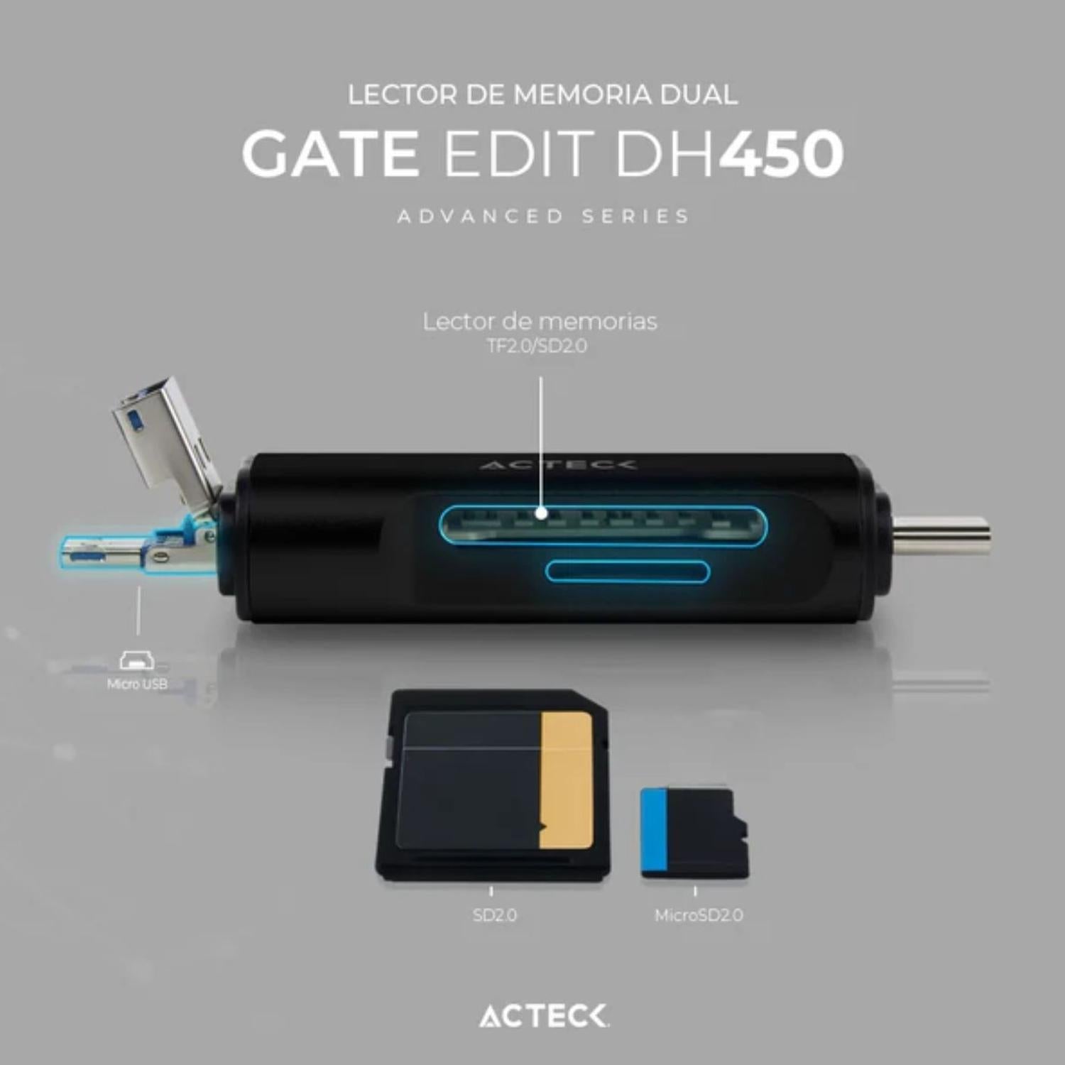 Lector Acteck USB A USB C MicroUSB Gate Edit DH450, Negro