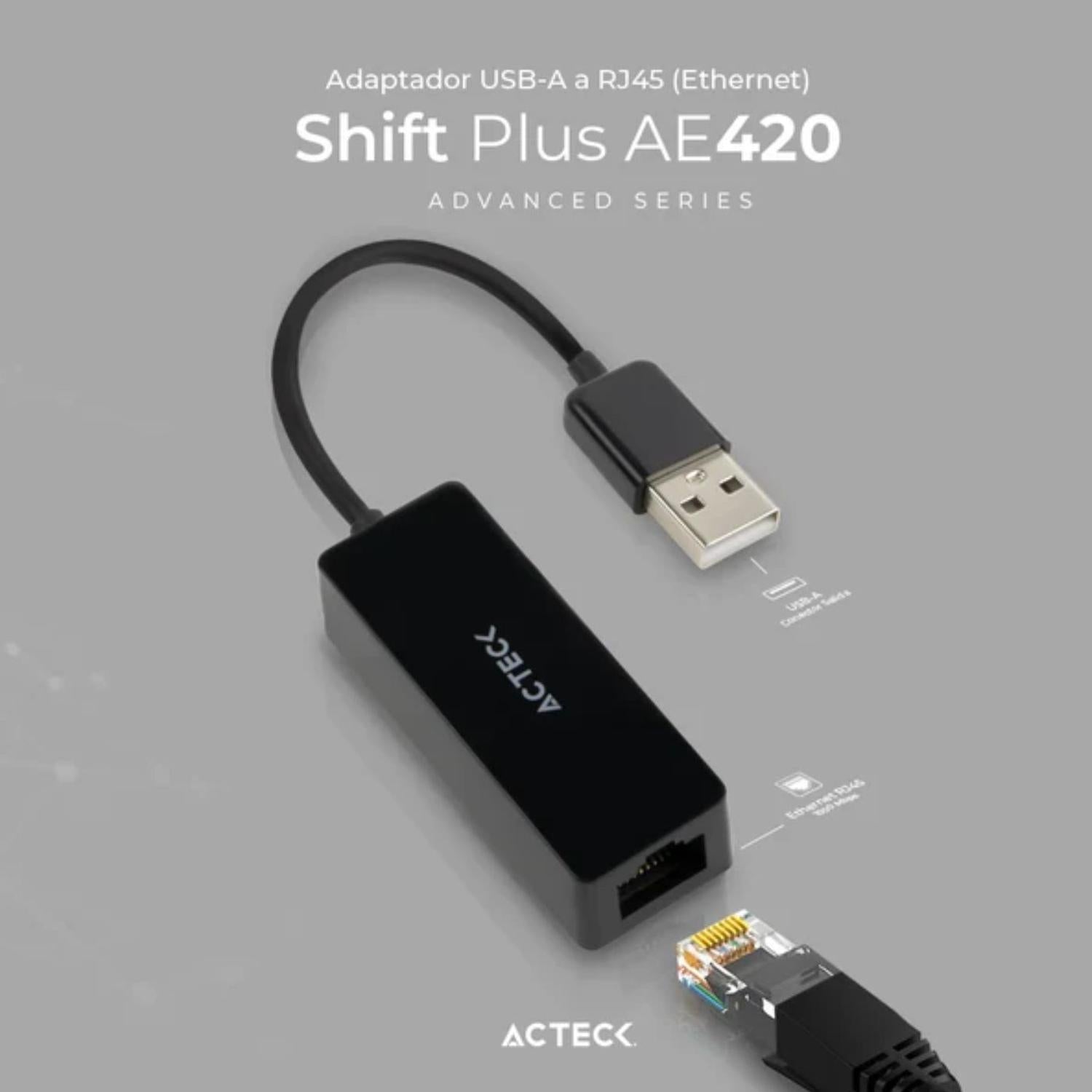 Adaptador Acteck USB-A a Ethernet Shift Plus, Color Negro