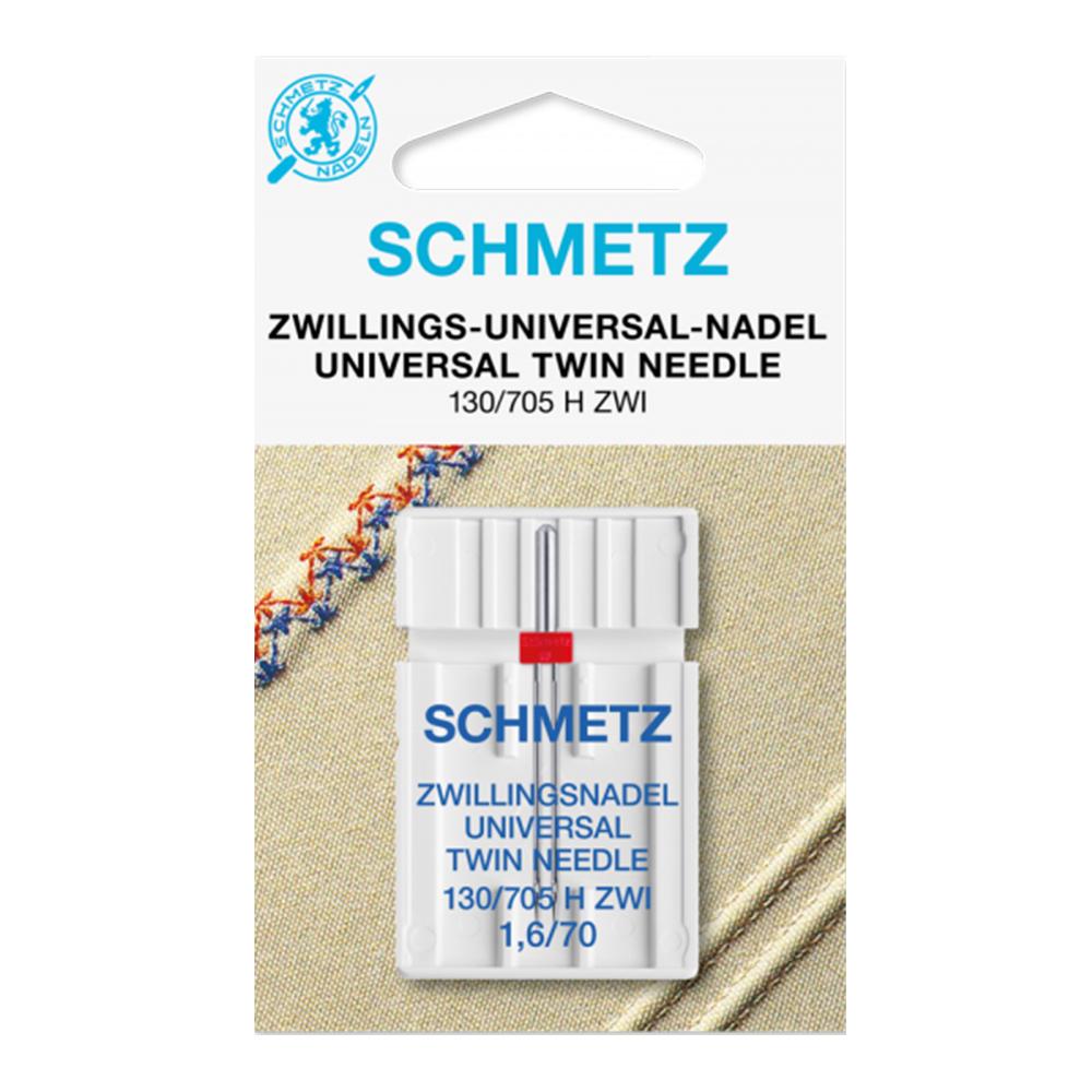 Aguja Schmetz gemela universal para máquina de coser, 130-705 H ZWI, distancia de 1.6 mm entre agujas