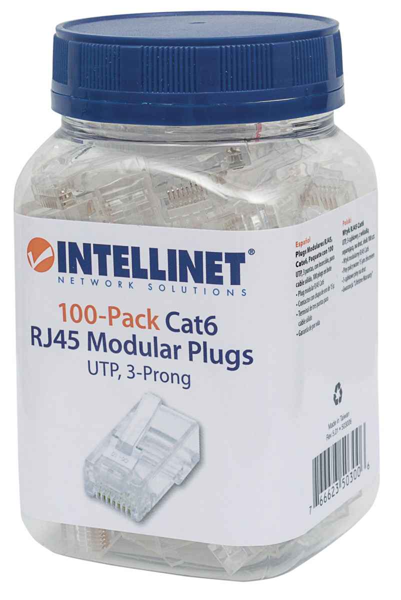 Plugs Modulares RJ-45, CAT6, Intellinet, Bote con 100 pz, 503006