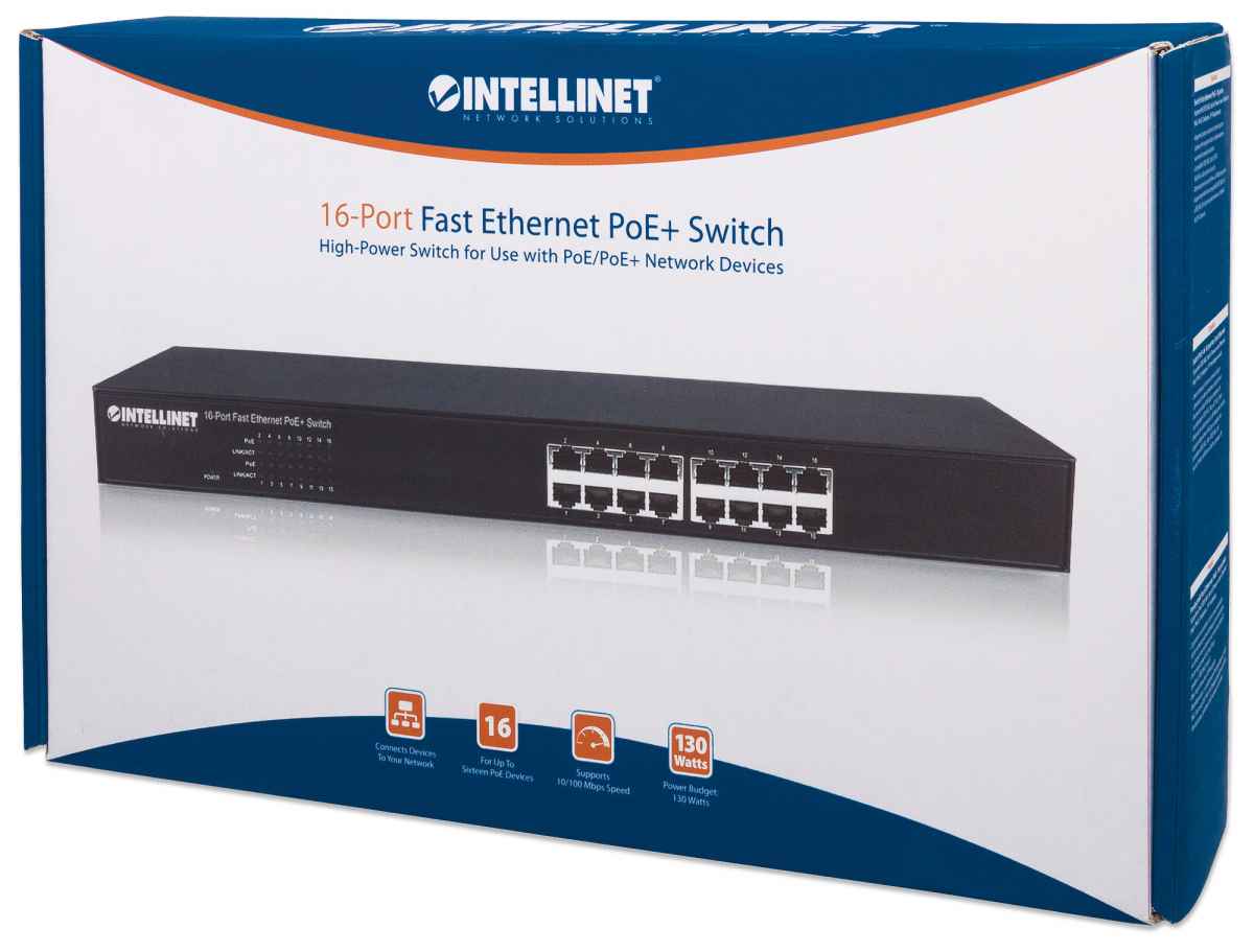 Switch Intellinet, 16Puertos, FastEthernet, 30W, RJ45PoE+, 560849
