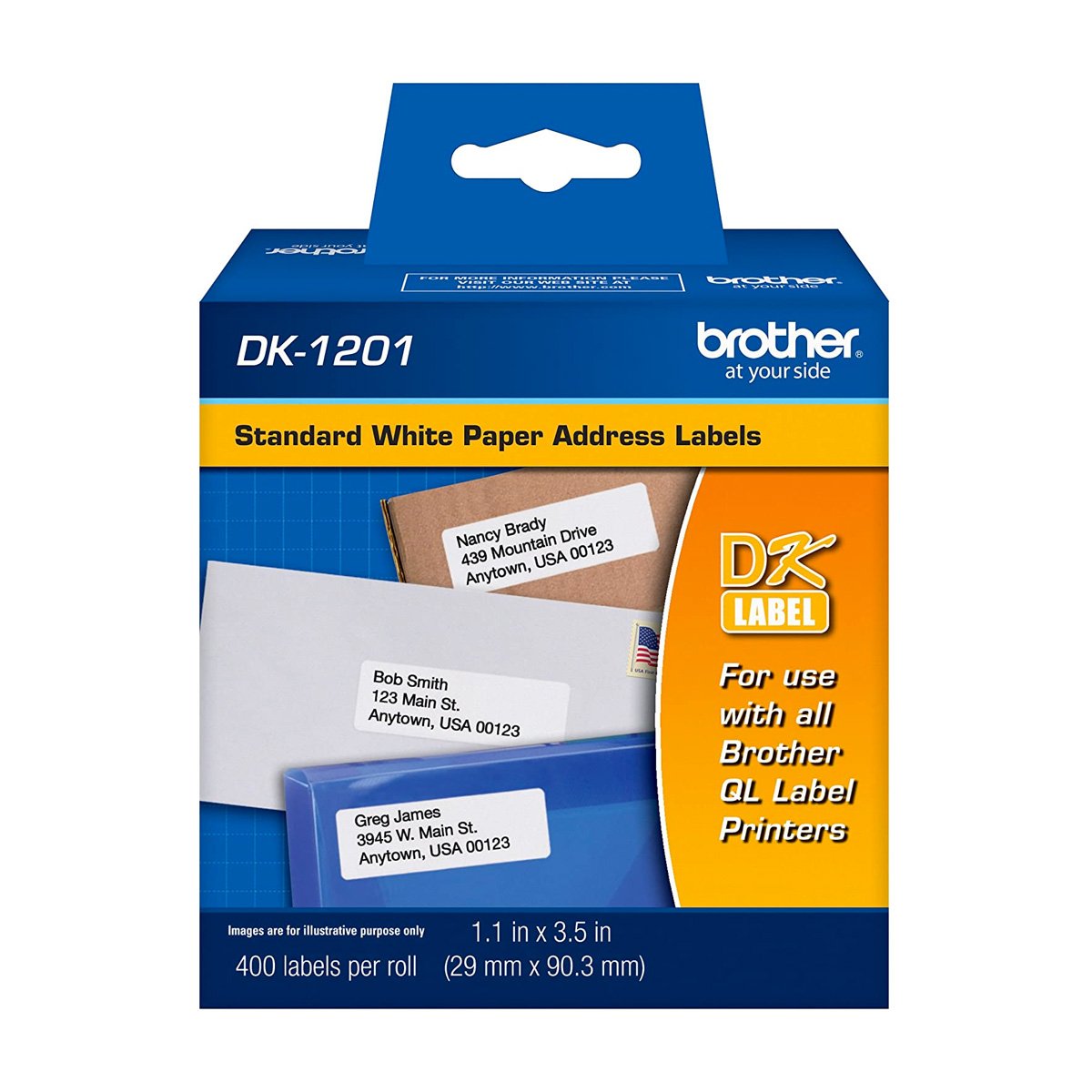 Brother Etiquetas DK1201, 1.14x3.5', 400 etiquetas, compatible con rotuladores Brother QL.