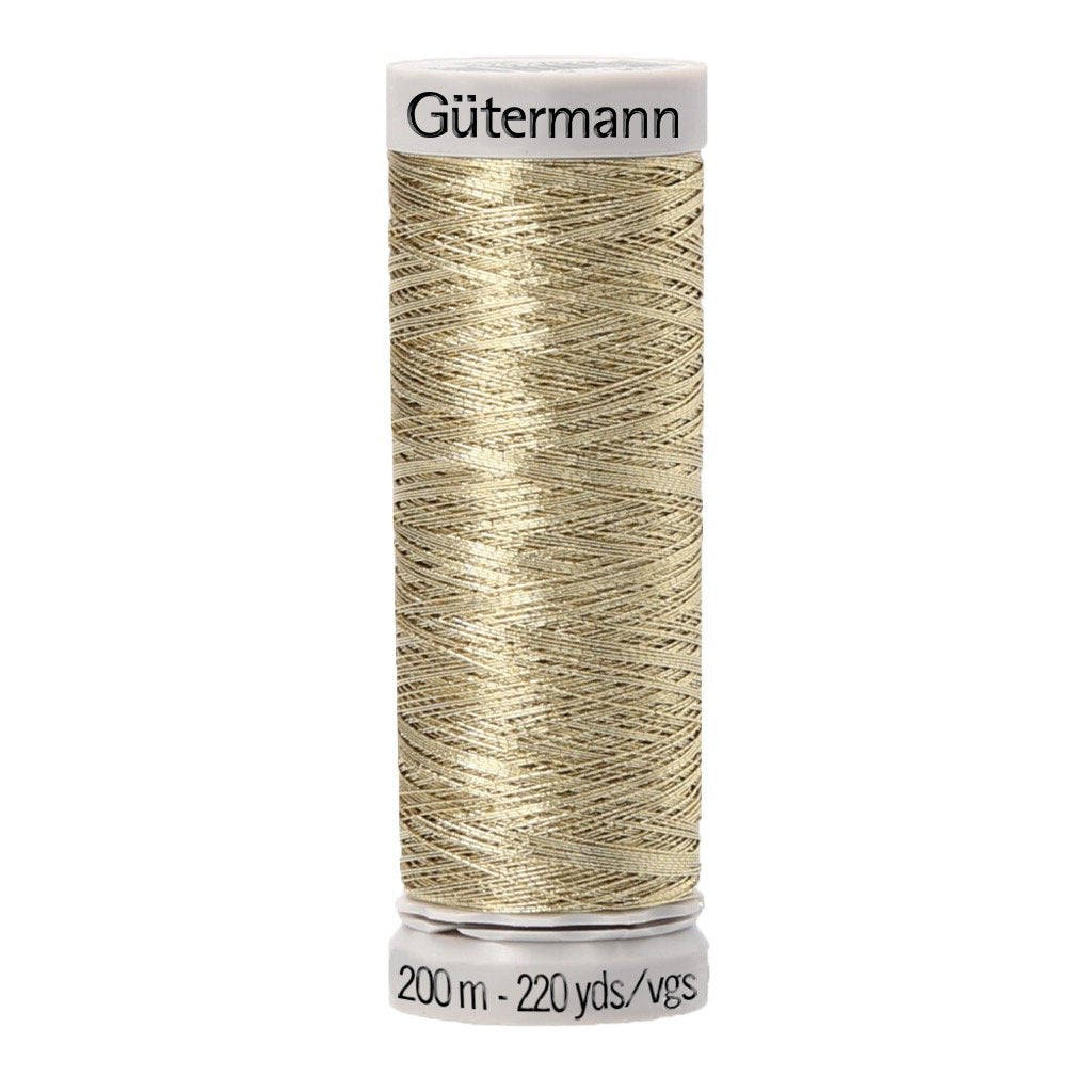 Hilo Gutermann Metalizado, para Máquina bordadora, Color Oro, de 200 mts. Caja con 5 Carretes mismo color