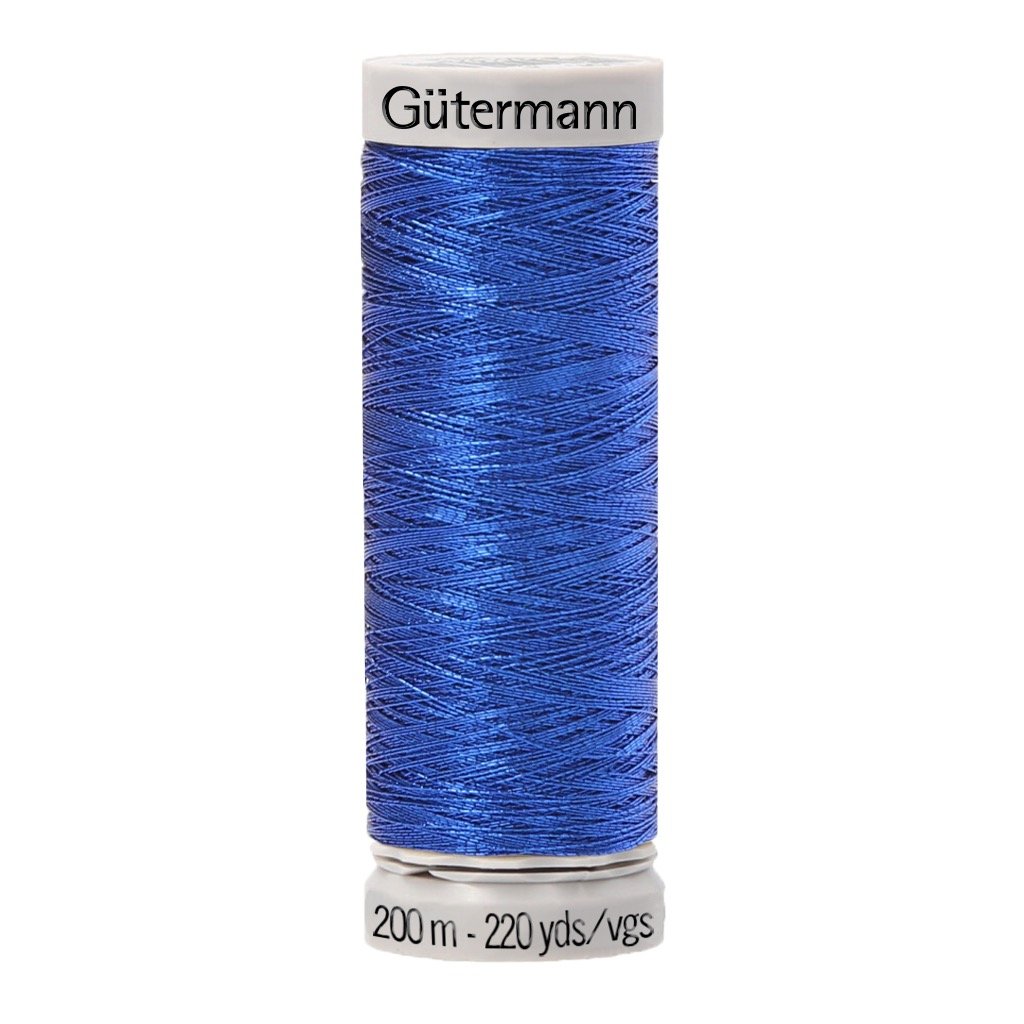 Hilo Gutermann Metalizado, para Máquina bordadora, Color Azul Medio, de 200 mts. Caja con 5 Carretes mismo color